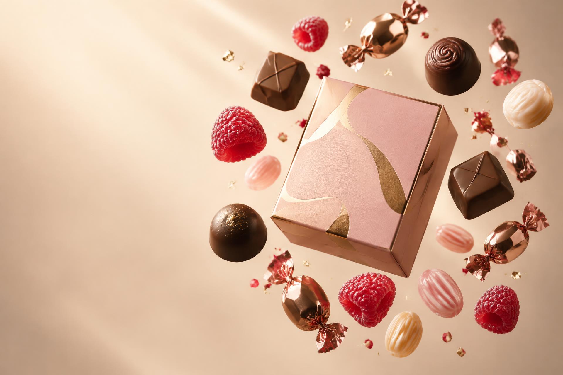 Gift box surrounded by chocolates and sweets